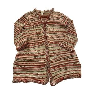 CHICO'S Women's Size 1 Khaki Multicolor Open Front Metallic Zigzag Knit Cardigan